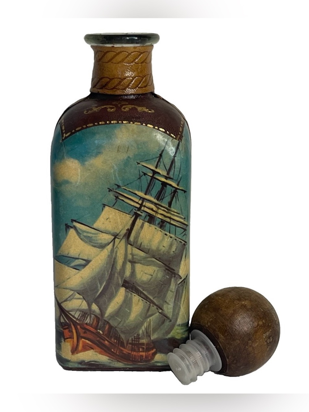 VTG Genuine Leather Wrapped Decanter Bottle Nautical Ships Fausto Conturi Italy